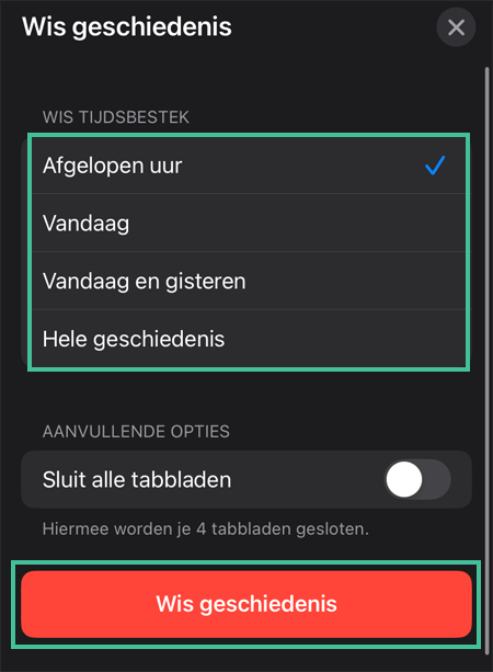 Safari instellingen-menu waar je geschiedenis kunt wissen
