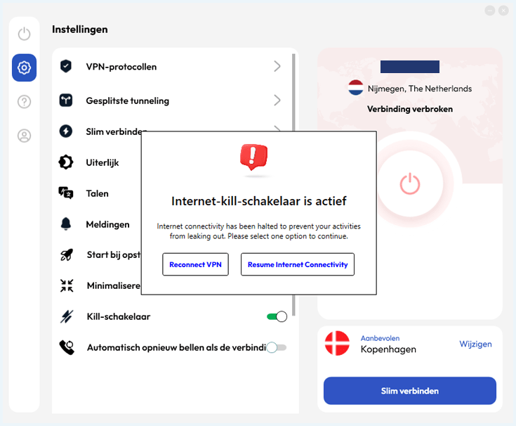 De kill switch van FastestVPN is geactiveerd