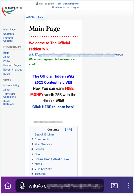 Homepage van de hidden wiki, een bekende dark web pagina