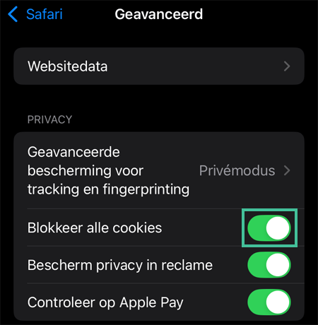 Safari instellingen-menu waar je alle cookies kunt blokkeren met het schuifje aan en omcirkeld