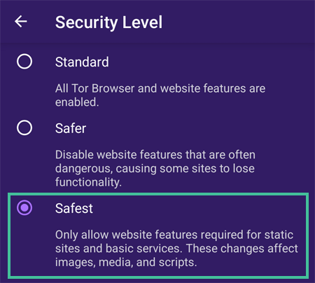 Veiligheidsniveaus van de Tor browser met het hoogste niveau geselecteerd
