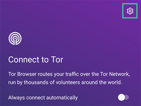 Tor browser met het instellingen icoon gehighlight