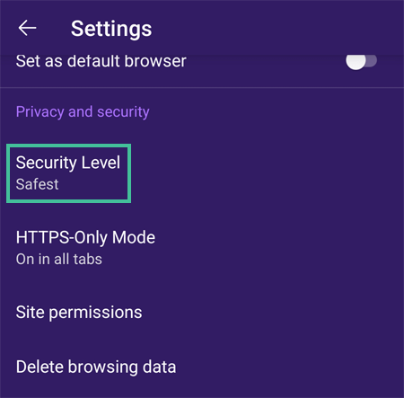 Security settings in het instellingenmenu van de Tor browser