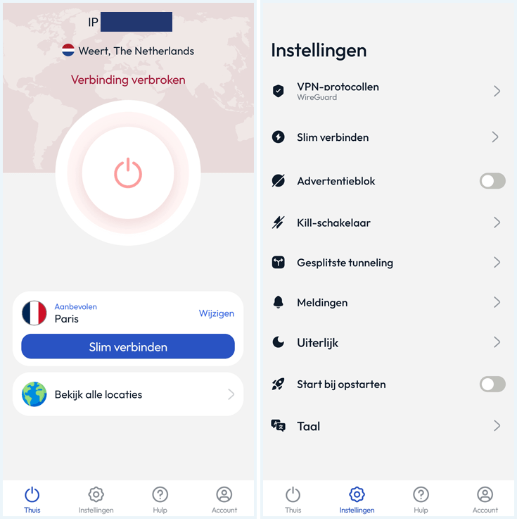 Android app van FastestVPN: startpagina en instellingen