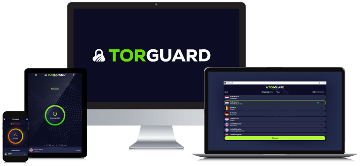 Laptop, Tablet, Smartphone en Desktop PC met daarop het TorGuard VPN Logo en de verschillende App interfaces