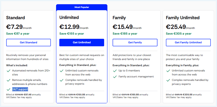 Screenshot van Incogni-abonnementen en prijzen