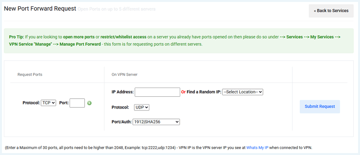 Formulier voor een port forwarding request bij TorGuard