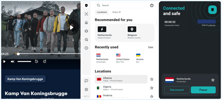 Screenshot Kamp van Koningsbrugge op NPO Start met Surfshark VPN verbonden met Nederlandse server