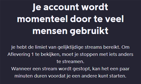 Screenshot foutmelding Viaplay met melding dat account door te veel mensen wordt gebruikt