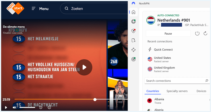 Screenshot Slimste mens op NPO Start met NordVPN-app verbonden met server in Nederland