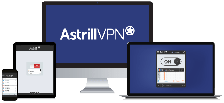 Laptop, Tablet, Smartphone en Desktop PC met daarop het Astrill VPN Logo en de verschillende App interfaces