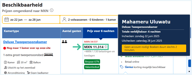 Screenshot van goedkope prijzen hotel Bali op Booking.com met VPN verbonden met server in Mexico