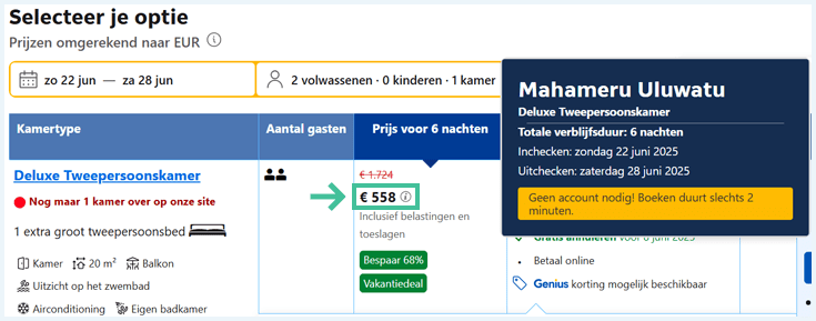 Screenshot van prijzen hotel Bali op Booking.com zonder VPN