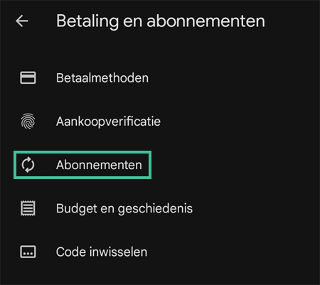 Screenshot menu van Google Play Store met 'Abonnementen' gehighlight