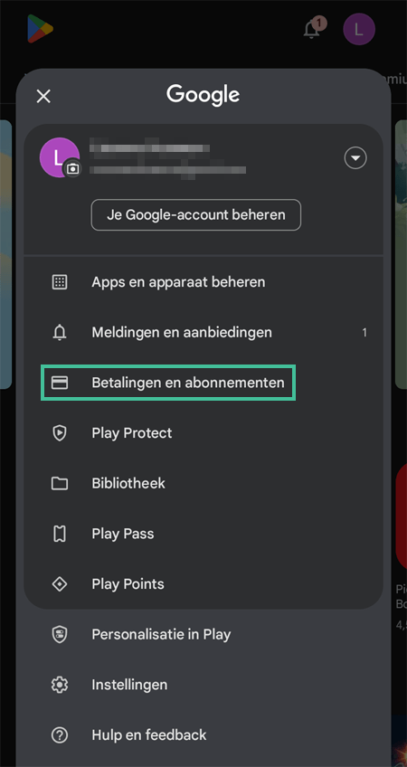 Screenshot van het menu van de Google Play Store met 'Betalingen en abonnementen' gehighlight