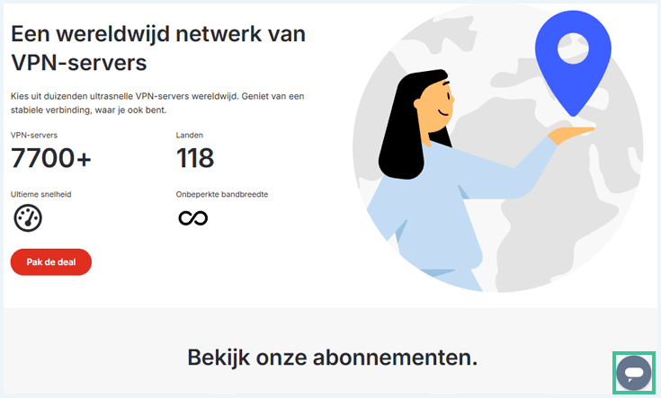 Homepage NordVPN met rechtsonder de chatfunctie