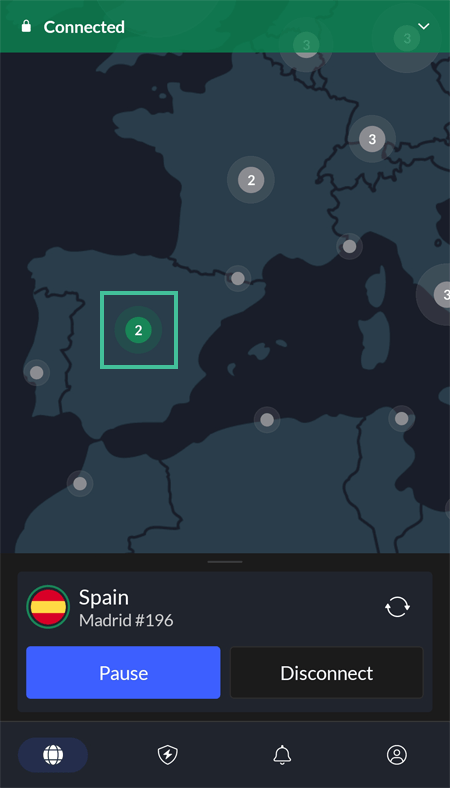 Screenshot van de NordVPN Android app waarbij er een VPN-verbinding is met Spanje