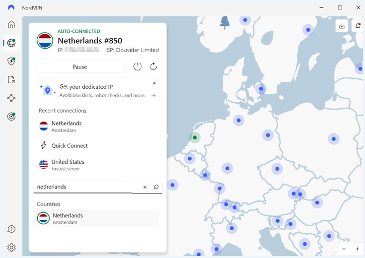 NordVPN verbonden met een Nederlandse server