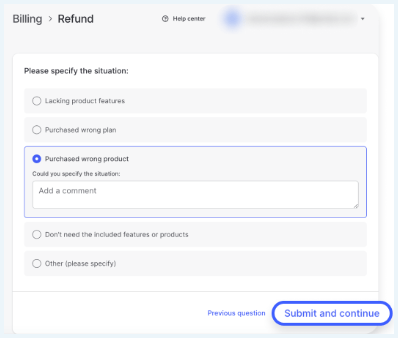 NordVPN account: formulier om de reden van de refund aan te geven