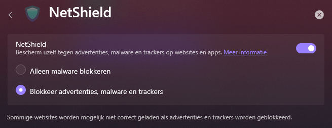 Instellingen van Proton VPN's NetShield