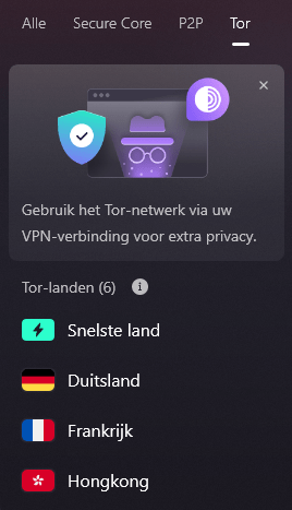 Overzicht van Tor servers van Proton VPN