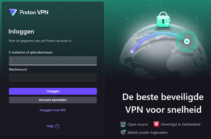 Inlogscherm van Proton VPN