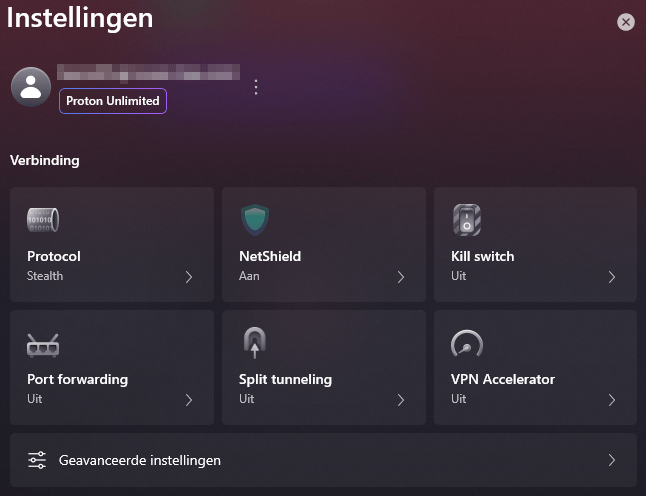 Instellingenmenu van Proton VPN