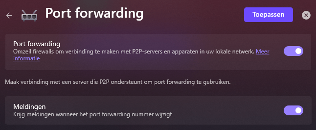 Instellingen van port forwarding in de app van Proton VPN