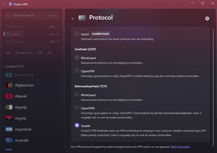 Instellingen van het protocol bij Proton VPN