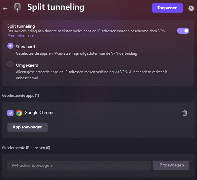 Split tunneling instellingen van Proton VPN