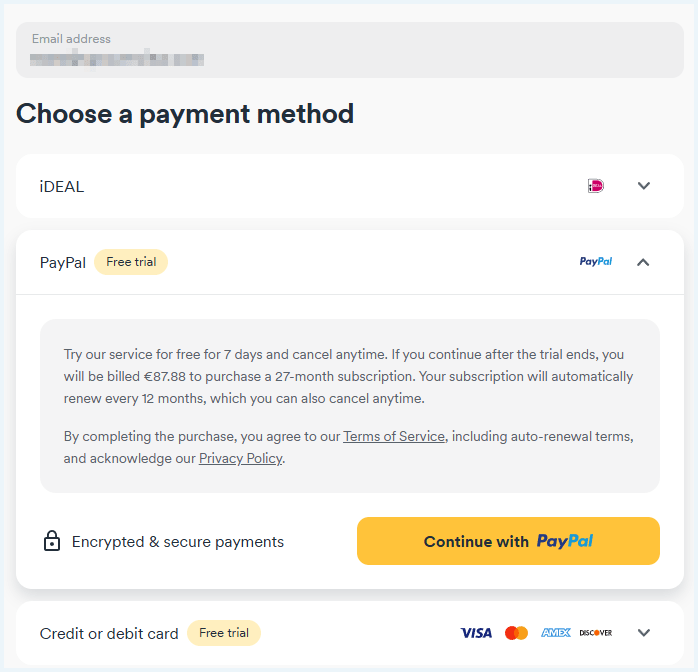 Screenshot van de betalingsmogelijkheden bij de free trial van Surfshark