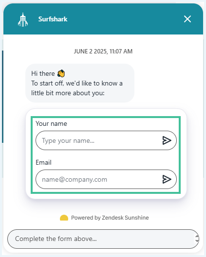 Screenshot van de livechat van Surfshark