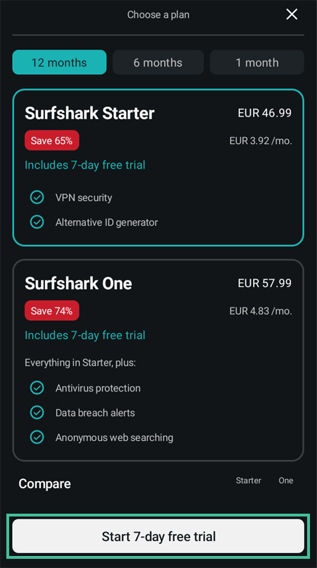 Screenshot van de keuze voor een abonnement om de 7 dagen gratis trial te starten