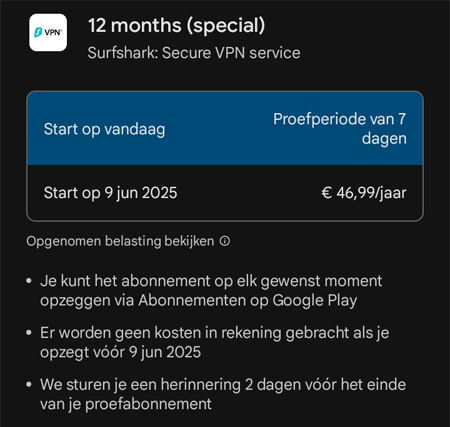 Screenshot van de betaling in de Google Play Store met voorwaarden voor de gratis Android trial