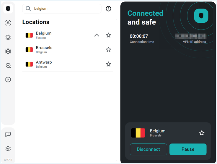 Surfshark VPN-app verbonden met server in België