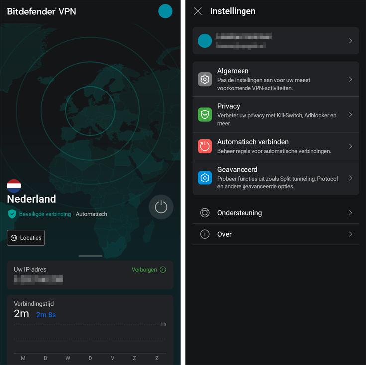 Bitdefender Android app: homepage en instellingen