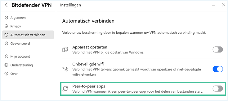 Bitdefender VPN instellingen voor automatisch verbinden