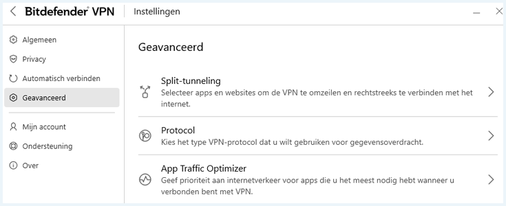 Geavanceerde instellingen van Bitdefender VPN