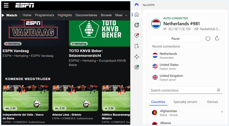 ESPN screenshot met aan zijkant NordVPN app verbonden met server in Nederland