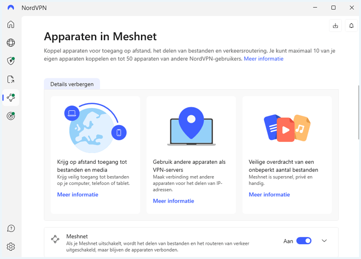 Screenshot NordVPN waar meshnet functie aangevinkt is