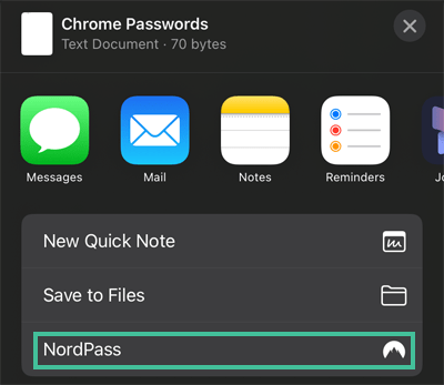 Screenshot van het kiezen van de app waarnaar de inloggegevens geïmporteerd moeten worden
