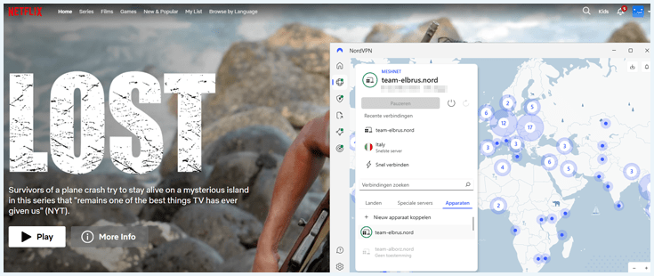 Screenshot Netflix met nordvpn verbonden via Meshnet ernaast