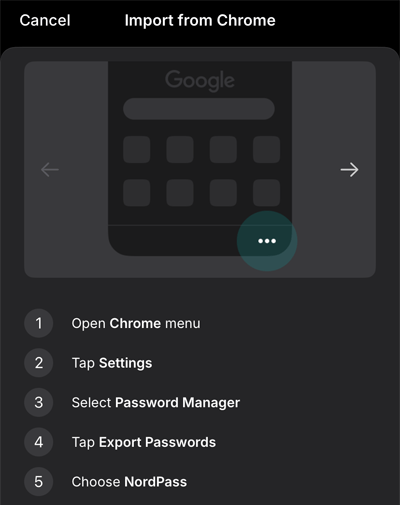 Screenshot van het stappen plan voor het exporteren van gegevens uit Google Chrome