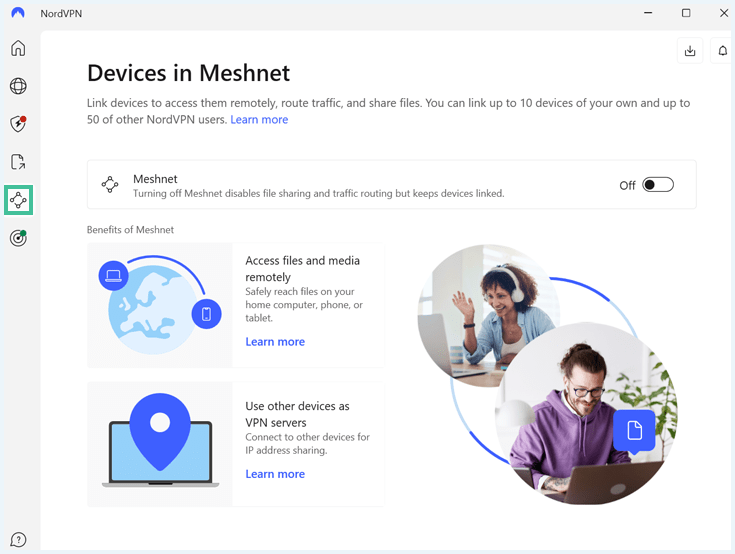 screenshot van tabblad meshnet NordVPN app