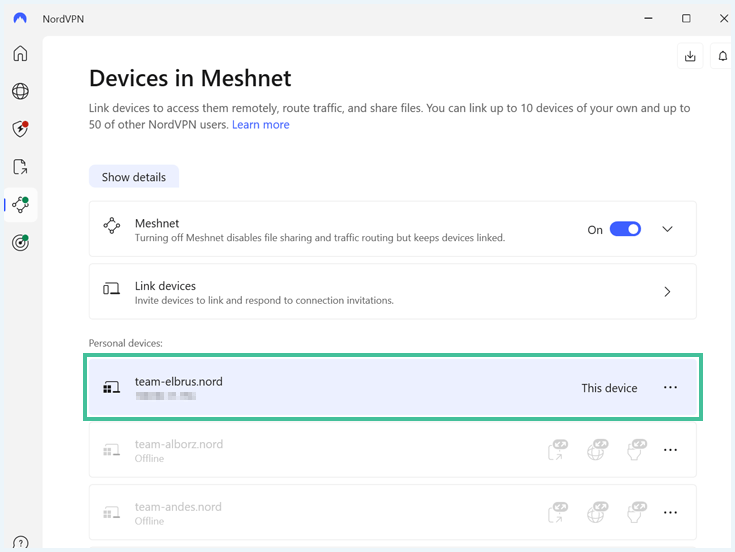 Screenshot van mehsnet-functie nordvpn die aan staat