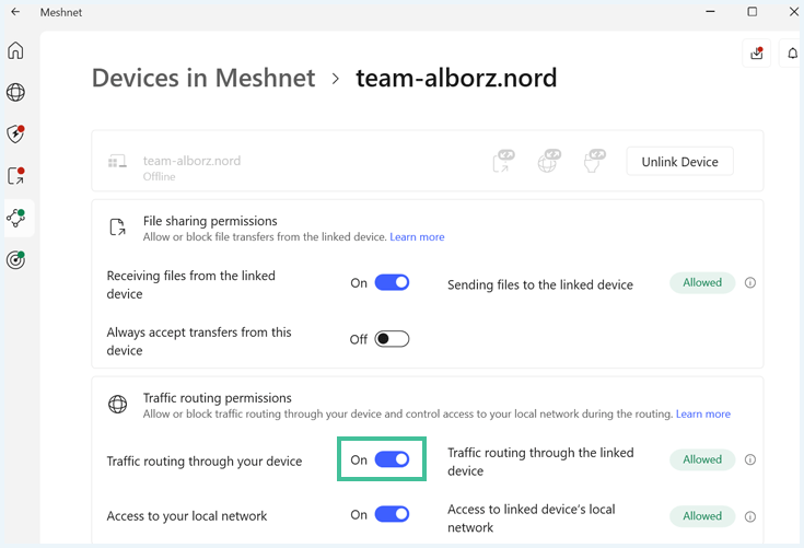 Screenshot NordVPN waar traffic routing aangevinkt staat