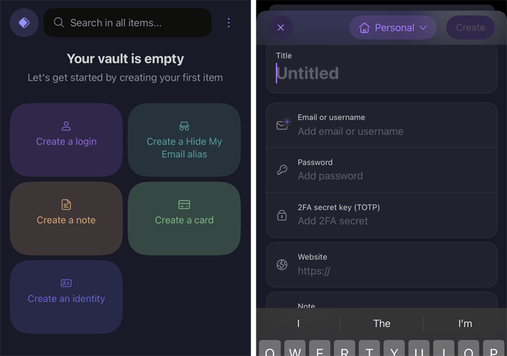 Screenshots van de kluis van Proton Pass in de iPhone app