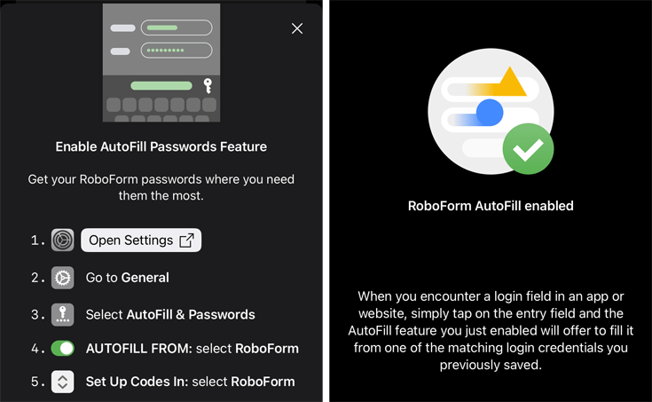 Screenshots van de iPhone app van Roboform over het instellen van automatisch invullen van inloggegevens