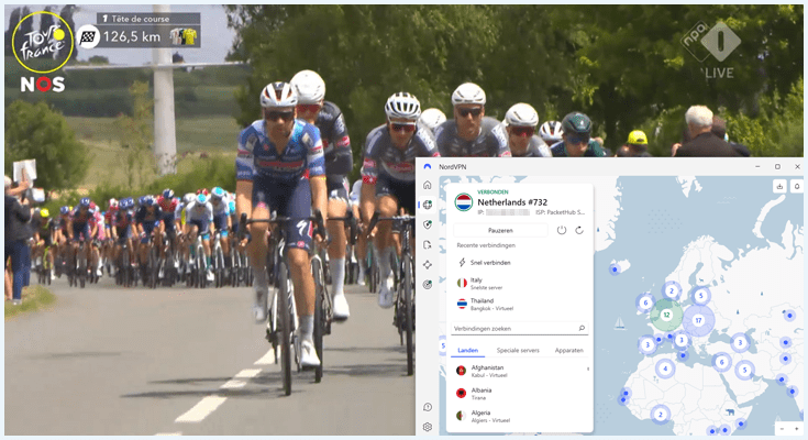 Tour de France uitzending op NOS via NPO Start met op de voorgrond NordVPN verbonden met een Nederlandse server