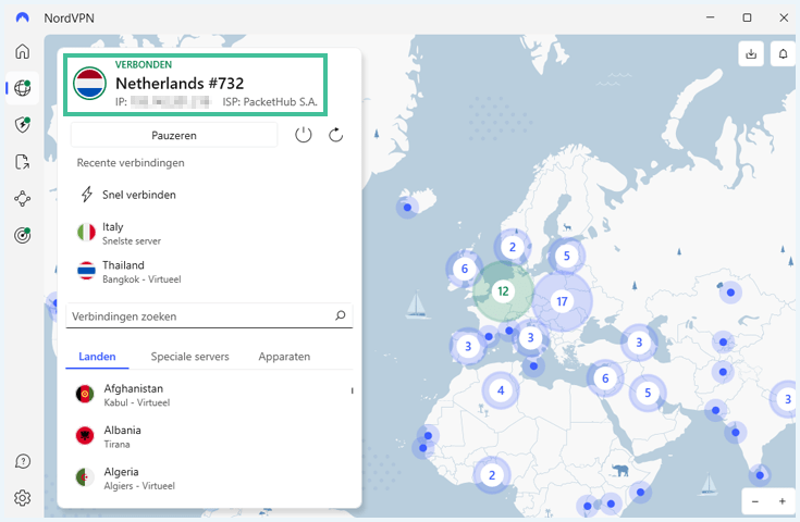 NordVPN verbonden met een Nederlandse server